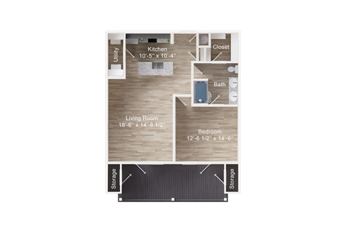 Floor plan for 1 bed, 1 bath, 841 sqft